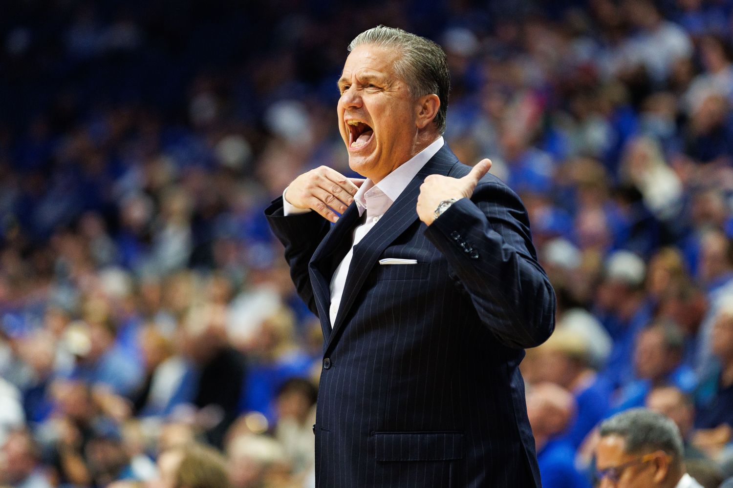 Nov 6, 2023; Lexington, Kentucky, USA; Kentucky Wildcats head coach John Calipari calls a timeout during the first half against the New Mexico State Aggies at Rupp Arena at Central Bank Center. Mandatory Credit: Jordan Prather-USA TODAY Sports